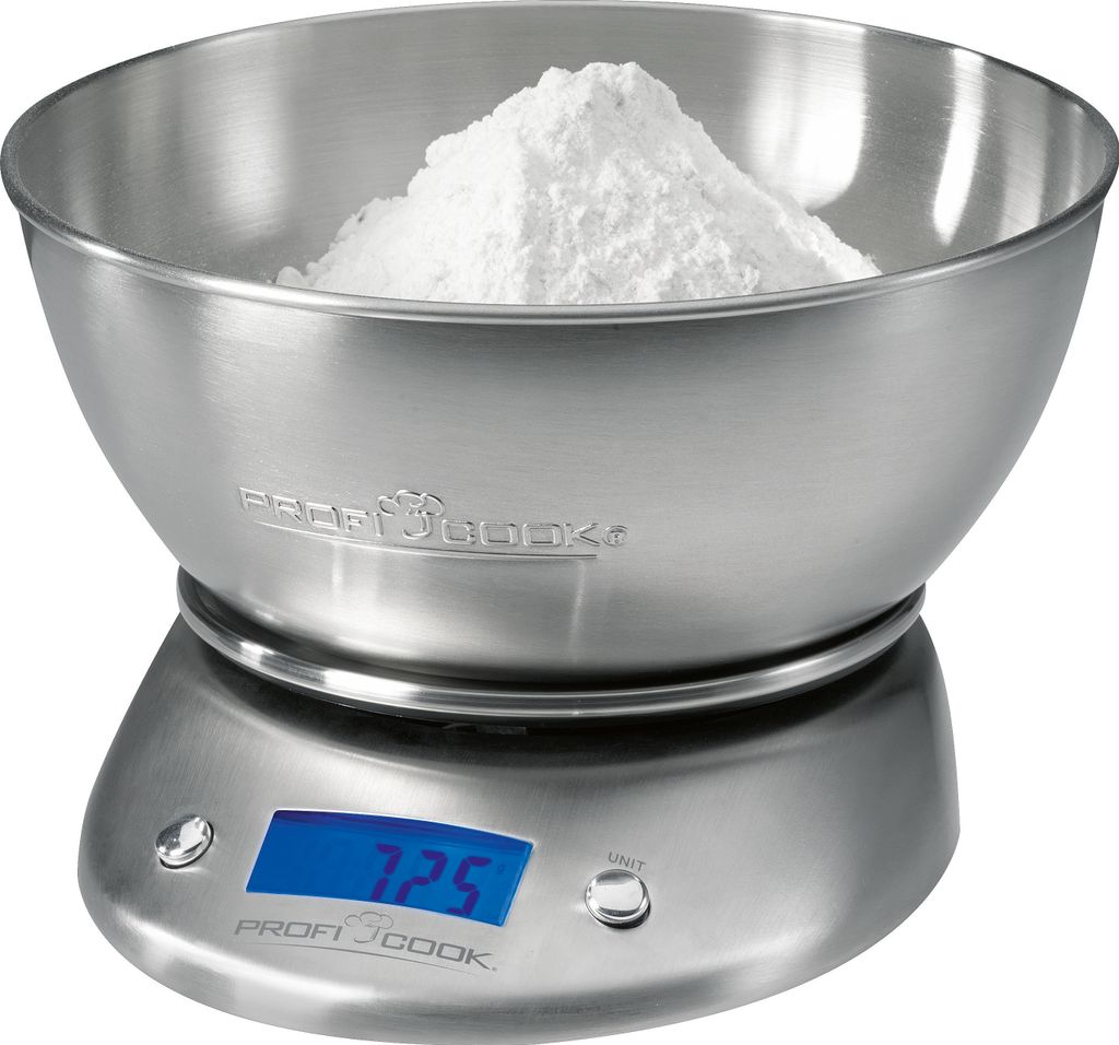ProfiCook Küchenwaage digital mit Schüssel | wiegt bis 5000g (in 1g-Schritten) | Zuwiegefunktion | Maßeinheiten: gr, ml, lb.oz, fl.oz | PC KW 1040