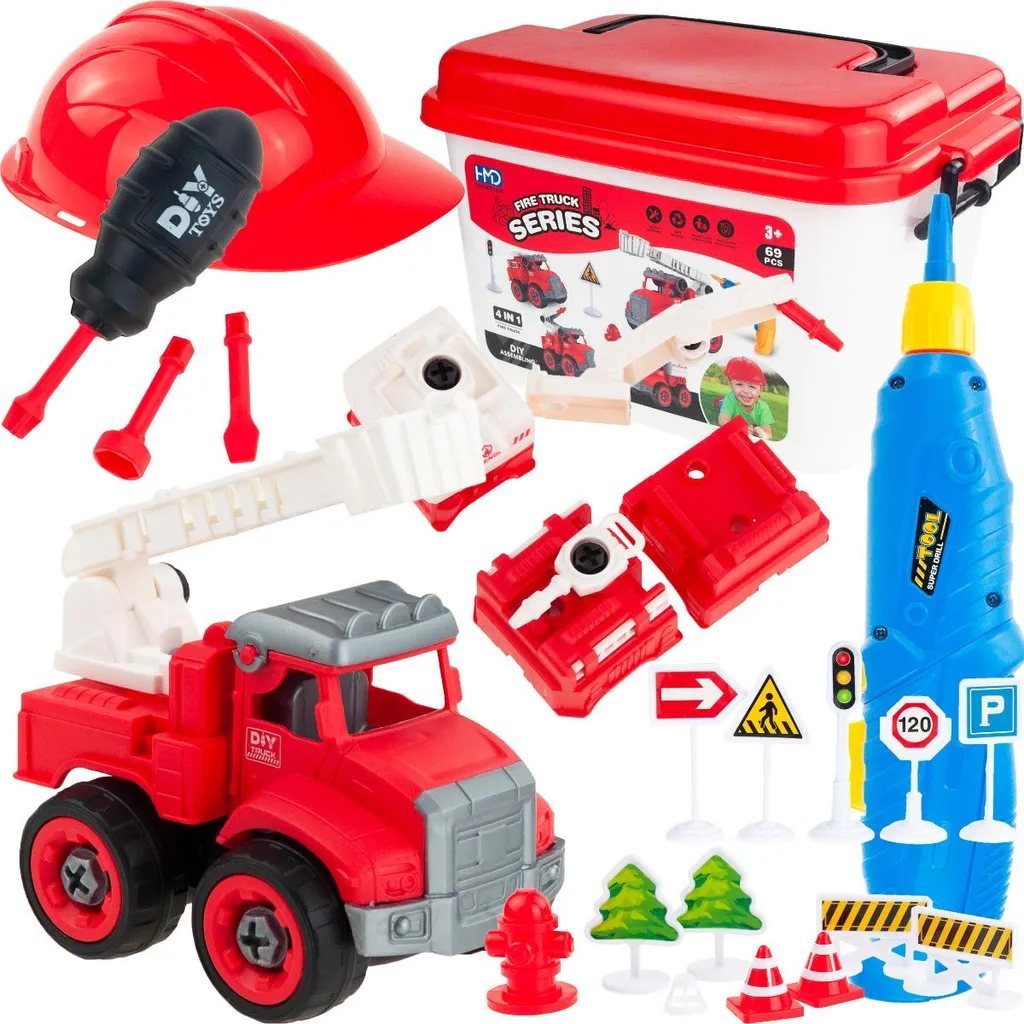 Set Petit Pompier avec Véhicules Camions et Casque de Protection 4-en-1