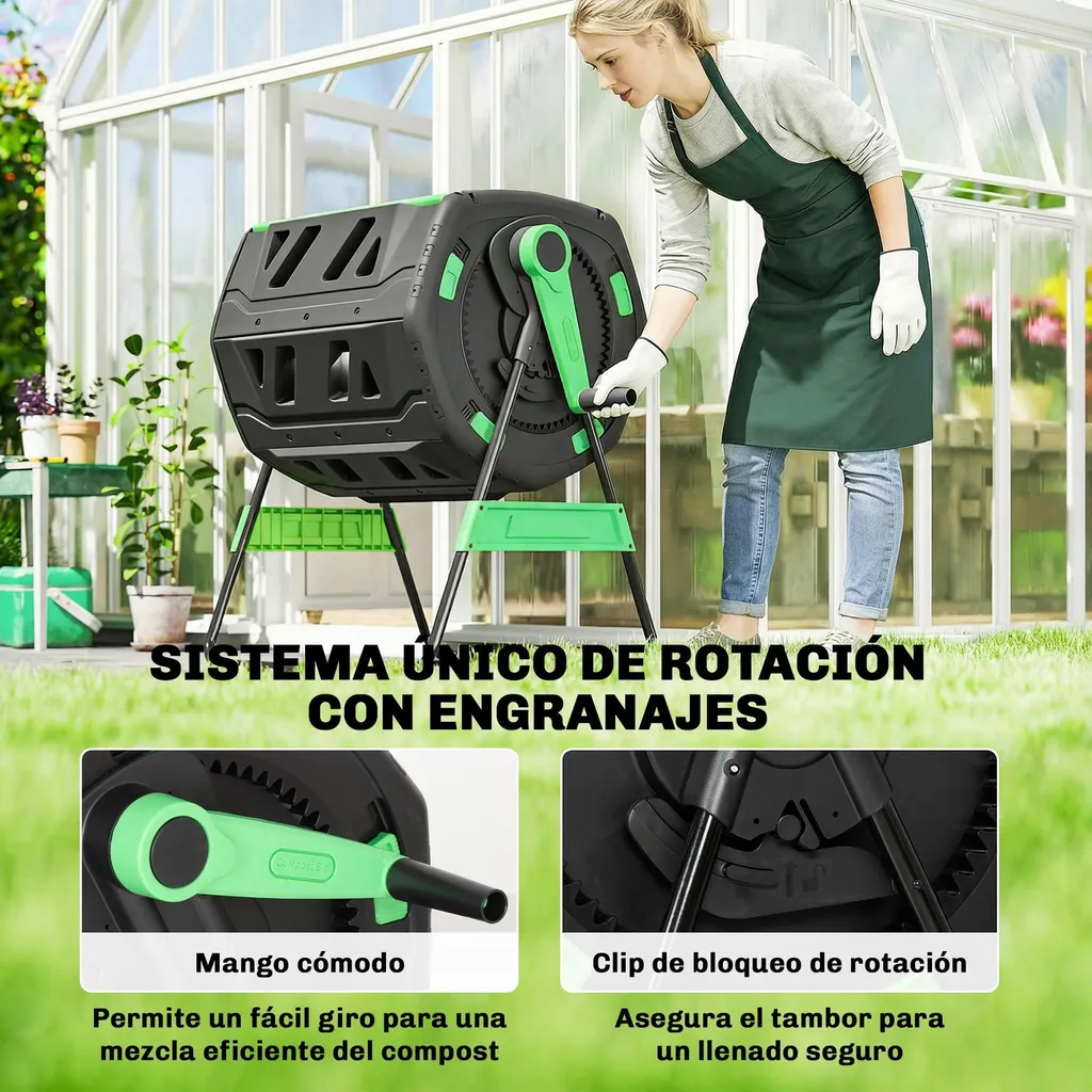 Compostier rotatif à double compartiment 200L sans BPA vert militaire - 5