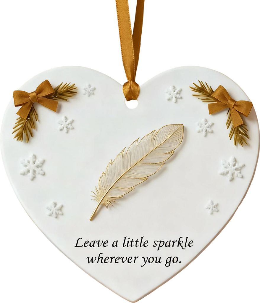 Herzliche Inspirationen: Weihnachtsbaumschmuck in Herzform mit Rentiermuschel, Libellenpfote, Feder und Tulpe.