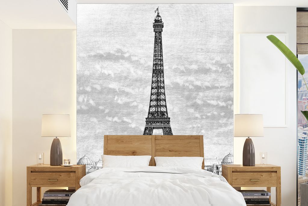 MuchoWow Fototapete für Wohnzimmer oder Schlafzimmer Wandtapete Vinyl Motivtapete Eine Illustration des Eiffelturms aus dem 19. Jahrhundert - 20...