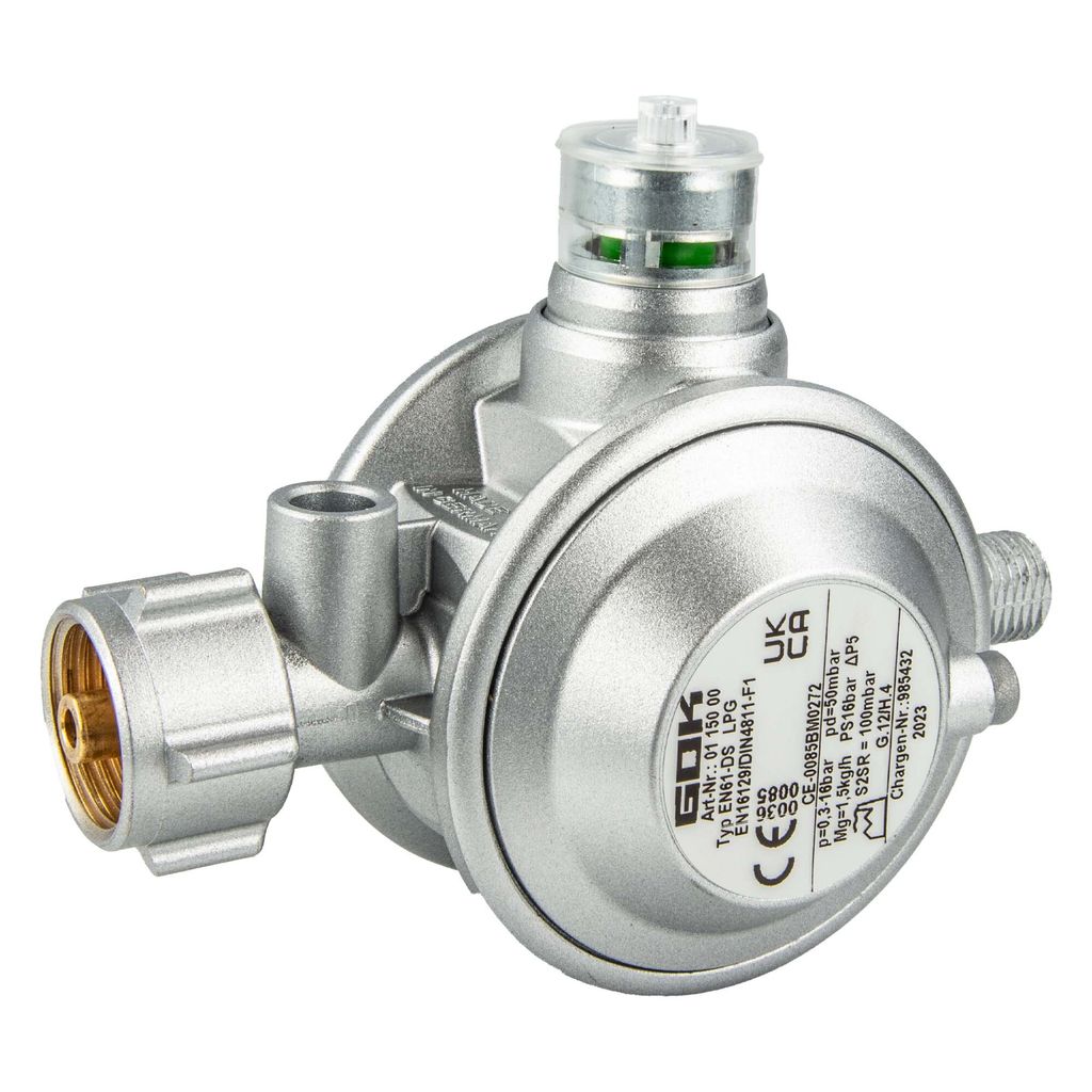 A close-up studio shot of a gas pressure regulator.