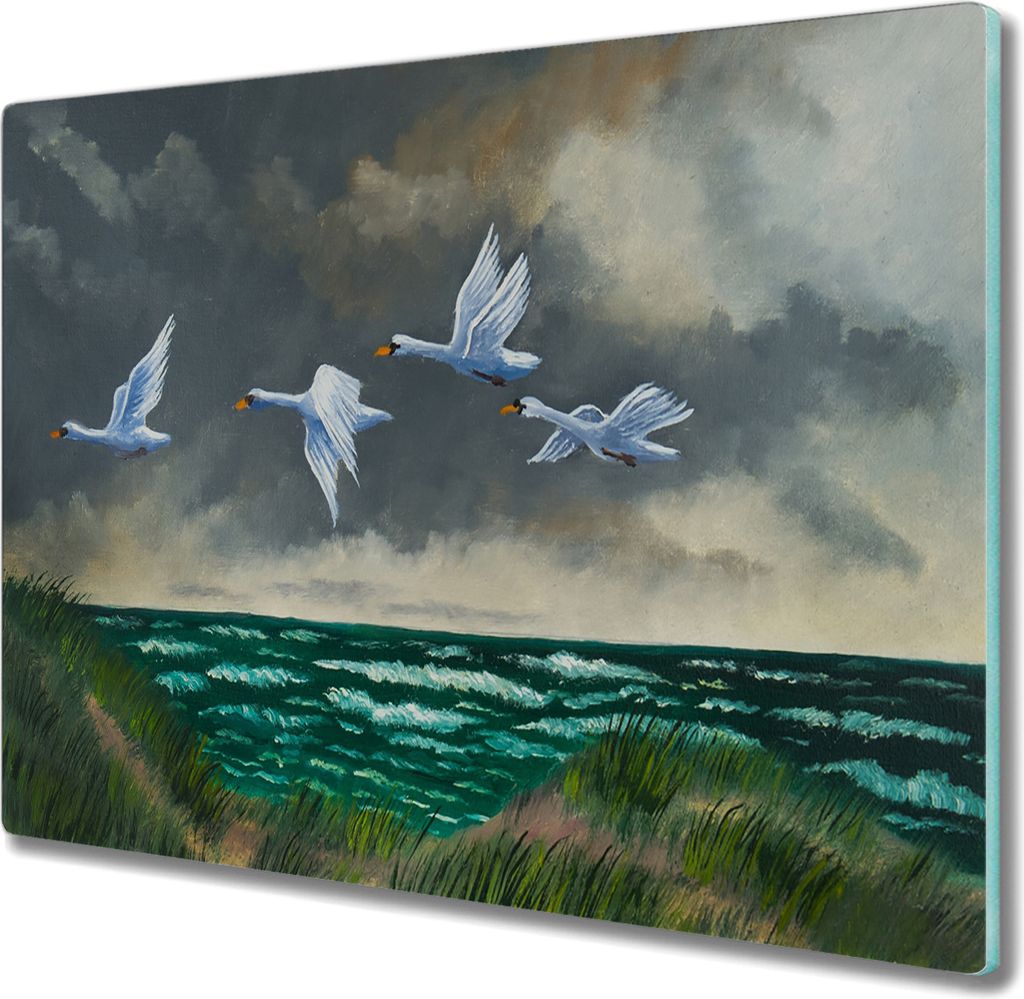 Coloray Kochplattenabdeckung Herdabdeckplatte 60x52 cm Hackbrett Schneidebrett Küchenbrett - Seevögel Himmel Schwan