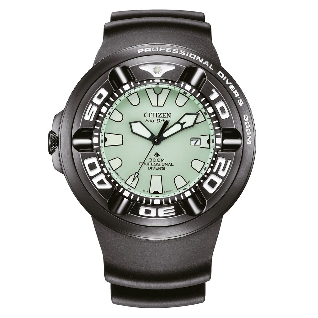 A close-up, front-facing studio shot of a black Citizen Eco-Drive professional diver's watch with a light green dial.