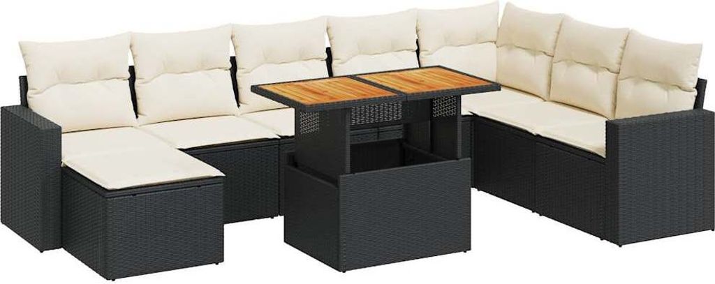 vidaXL 9-tlg. Garten-Sofagarnitur mit Kissen Schwarz Poly Rattan