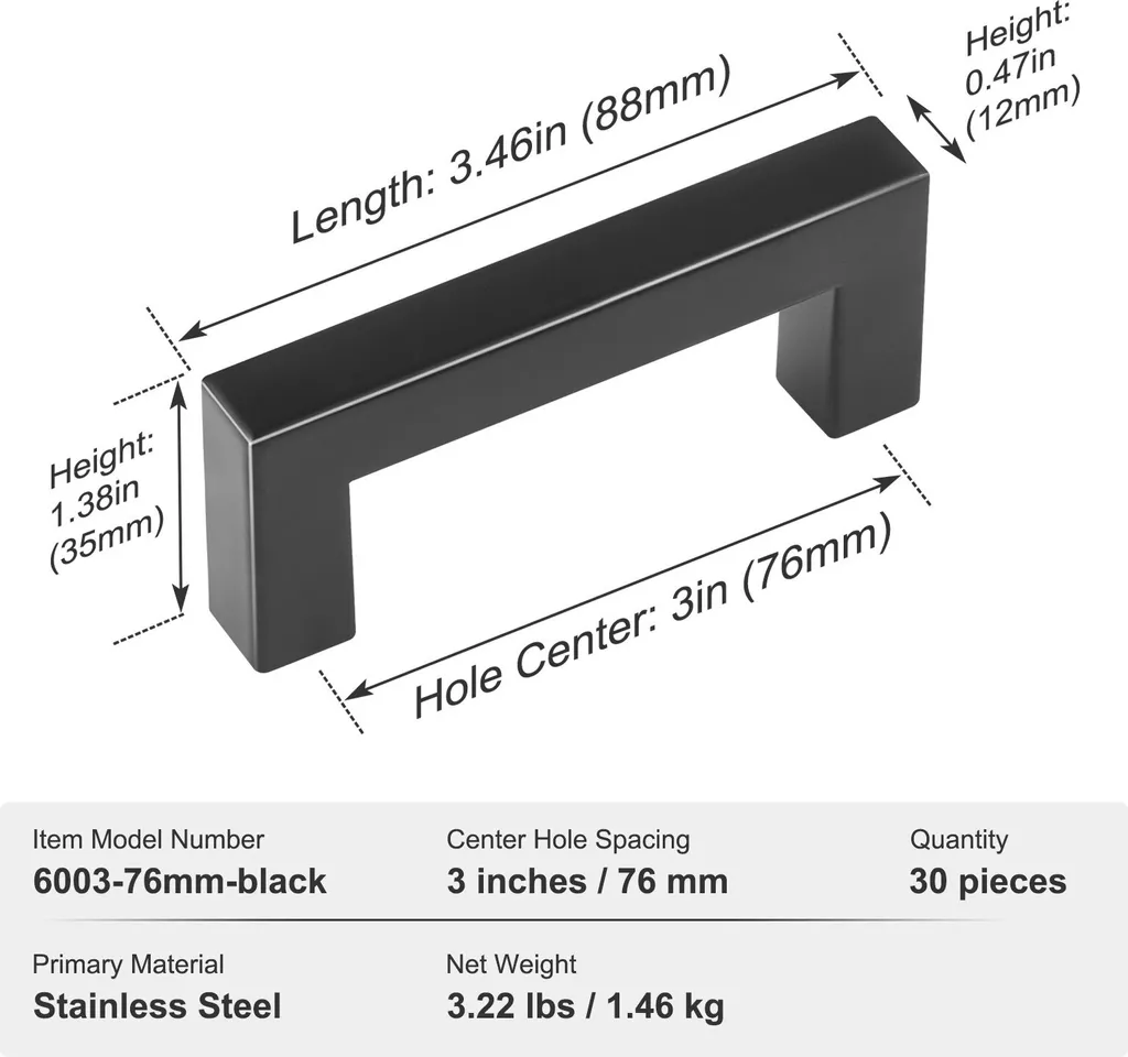 set di 30 maniglie per mobili Maniglia a barra in acciaio inox 88x12x35 mm Maniglia per cucina Interasse dei fori 76 mm Maniglia per armadi Spessore dei piani degli armadi da 1,52 a 2 cm o da 1,27 a 4 cm Maniglie per porte Maniglie per cassetti - 7