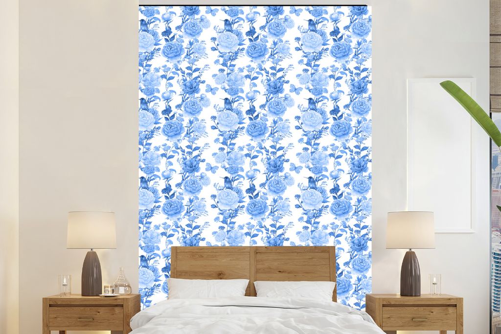 MuchoWow Fototapete für Wohnzimmer oder Schlafzimmer Wandtapete Vinyl Motivtapete Blumen - Rosen - Blau - 155x240 cm - Tapete