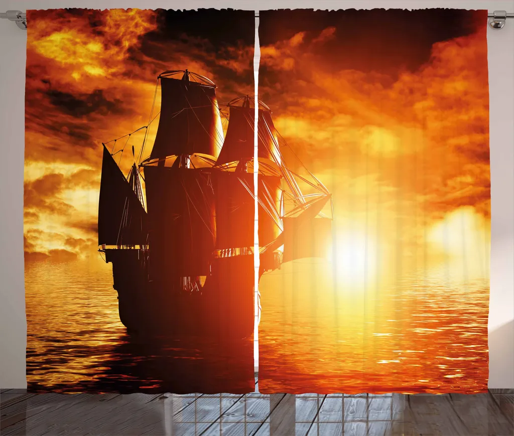 Rideau à Ruban Froncé Motif Bateau Pirate pour Chambre 280 x 225 cm