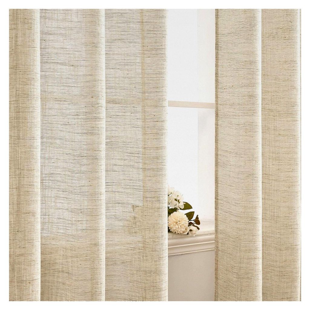 Leinen Gardinen mit Ösen für das Wohnzimmer, modernes Leinenvorhang-Set, 2er Set 140x145cm (B x H), bräunlich-weiß