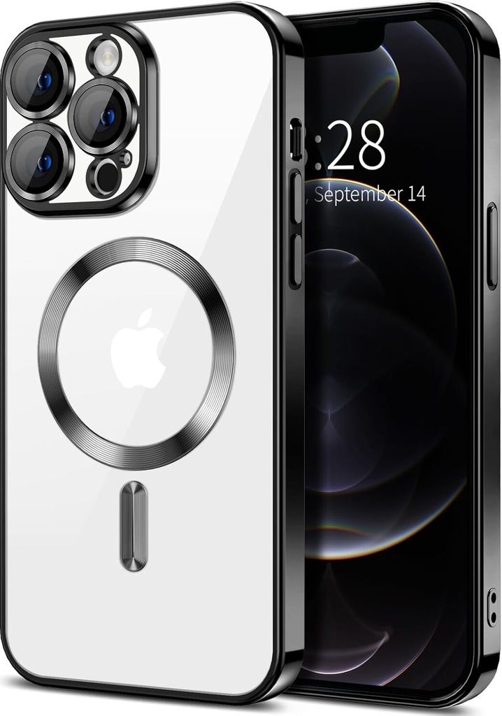 Magnetische Klar Hülle für iPhone 12 Pro, Kompatibel mit MagSafe, Elektroplattiert Handyhülle mit Kameraschutz Schwarz