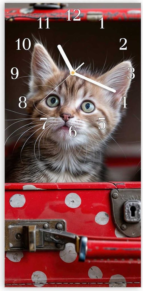 Wanduhr aus Glas mit Motiv Katzen im Koffer- 30 x 60 cm - inkl. Aufhängesystem