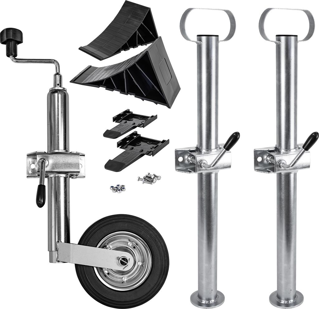 Trucky Set Stützrad für Anhänger + 2x Anhängerstützen + 2x Unterlegkeile Pkw Deichselrad Klemmhalter Anhängerstützrad Keil