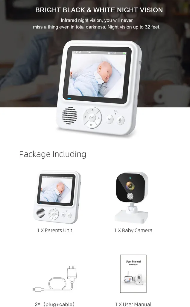 INF Moniteur Vidéo Bébé 2,4G avec Audio Bidirectionnel et Vision Nocturne