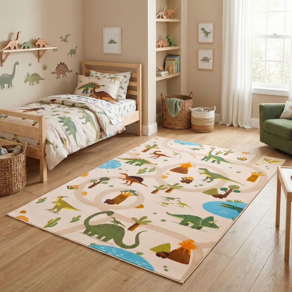 Carpetsale24 Kinderteppich Spielteppich für Kinderzimmer in Beige Dino Motiv mit Straßen Größe 80x150 cm ideal für kleine Spielbereiche
