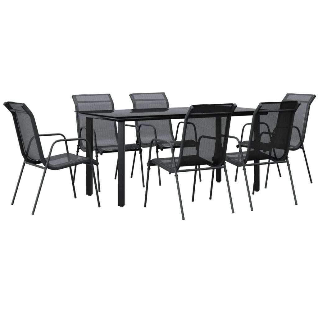 7-tlg. Garten-Essgruppe Schwarz Stahl und Textilene