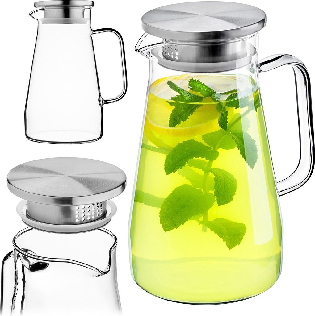KADAX Glaskaraffe 1.5L, Wasserkaraffe mit Sieb und Deckel aus Edelstahl, Karaffe aus Glas, Glaskrug für Wasser, Wasserkrug aus Borosilikatglas, Gl...