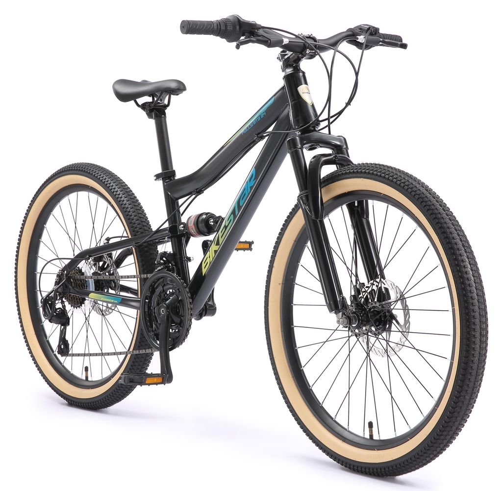 BIKESTAR Kinder Fully Mountainbike 24 Zoll ab 9 Jahre | 21 Gang Shimano, Scheibenbremsen | Schwarz