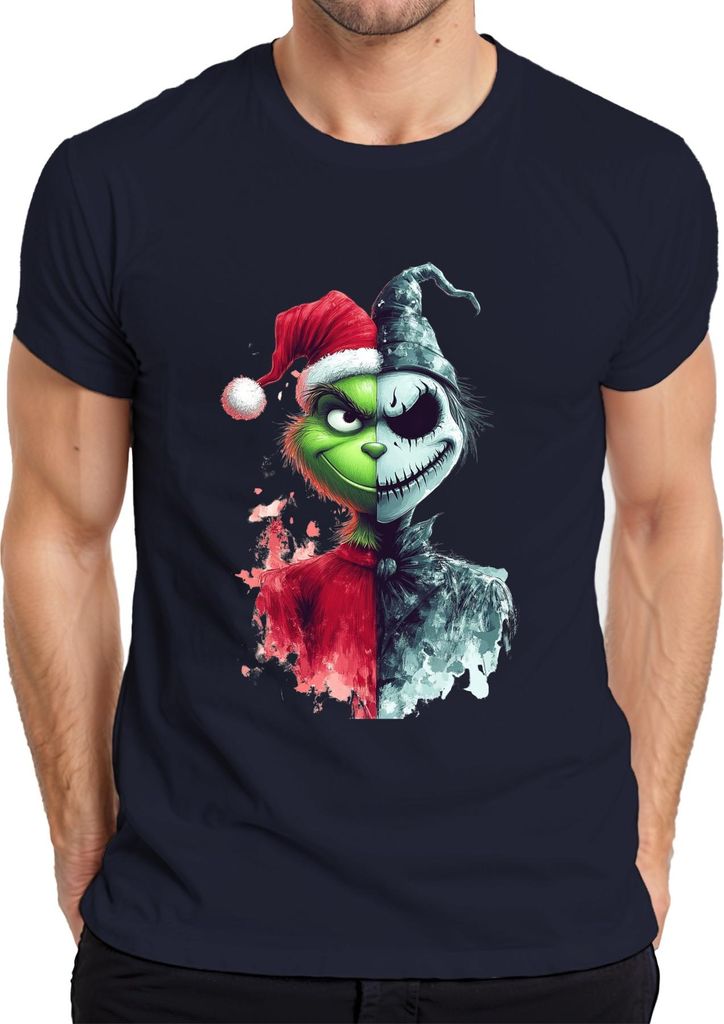 Grinch Jack Skellington Halb Gesicht Weihnachten Horror Vintage Herren T-Shirt, Navy, XL