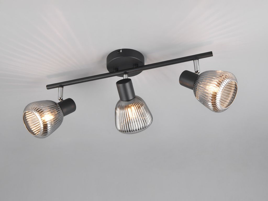 Moderner LED Deckenstrahler 3-flammig Schwarz mit Glas Lampenschirmen, B: 47cm