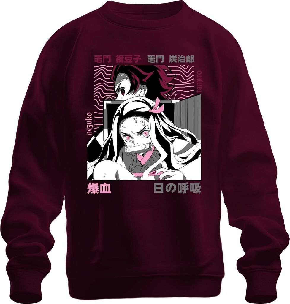 Kimetsu no Yaiba Nezuko Tanjiro Anime Dämonenjäger Japan Y2K Streetwear Pink Uni Sweatshirt Pullover, Burgundy, XXL
