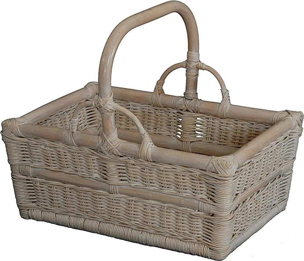 KRINES HOME Stabiler Tragekorb aus Rattan / Einkaufskorb mit Bügel / Korb zur Aufbewahrung (Vintage Weiss)
