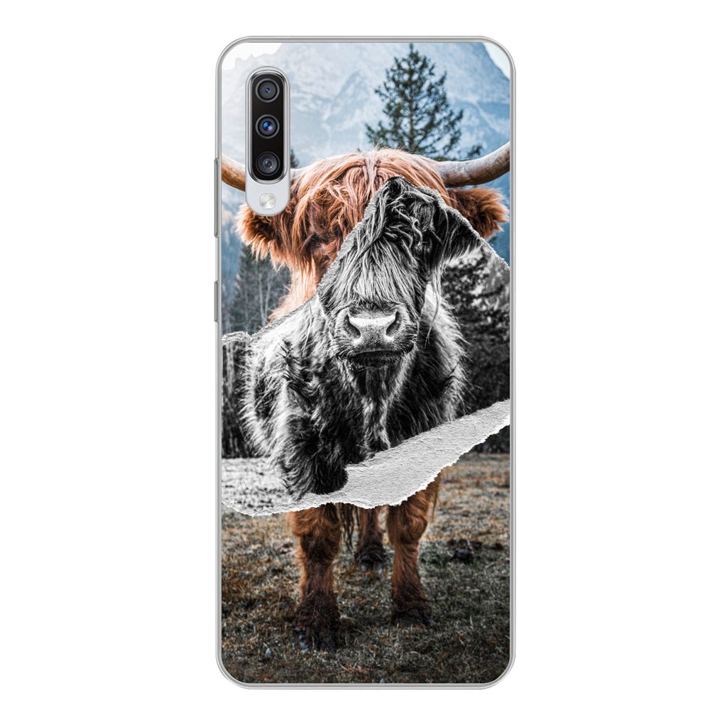 MuchoWow Handyhülle Schutzhülle Hülle für Samsung Galaxy A70 Schottischer Highlander - Kuh - Tiere Silikon Softcase Handy Hülle - Schutzhaube