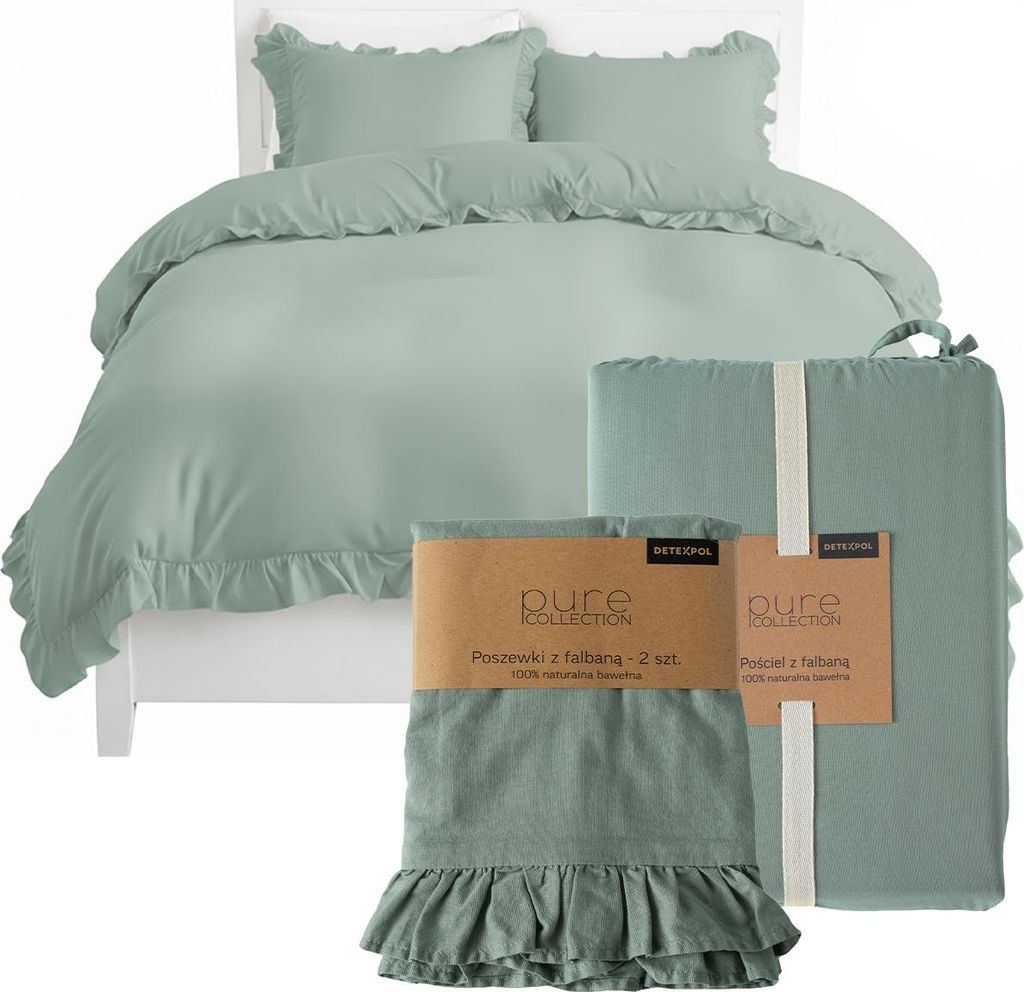 A mint green duvet cover and pillowcases with ruffles are displayed on a bed, with packaged sets in the foreground.