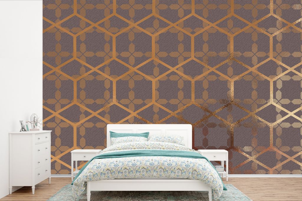 MuchoWow Fototapete für Wohnzimmer oder Schlafzimmer Wandtapete Vinyl Motivtapete Muster - Lila - Gold - 450x300 cm - Gemusterte