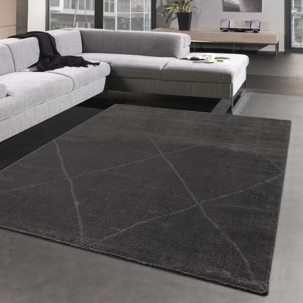 Tapis de salon Recycle Rib anthracite à losanges doux 120x170 cm