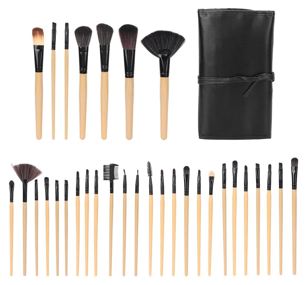 32-teiliges Make-up-Pinselset mit weichen Nylonborsten für Lidschatten, Rouge und loses Puder, inklusive Aufbewahrungstasche (Farbe: Holz)