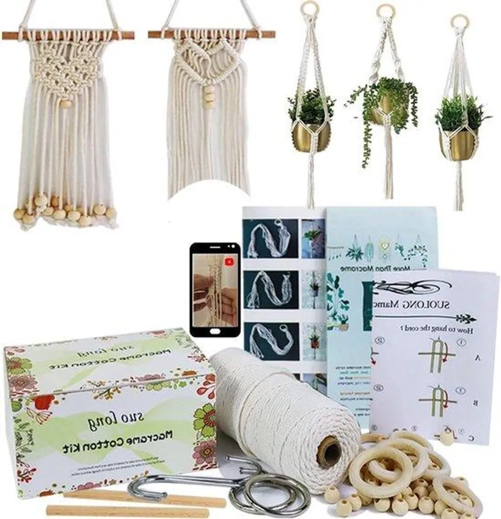 Kit macramé avec corde coton naturel 3mm pour suspension panier adulte