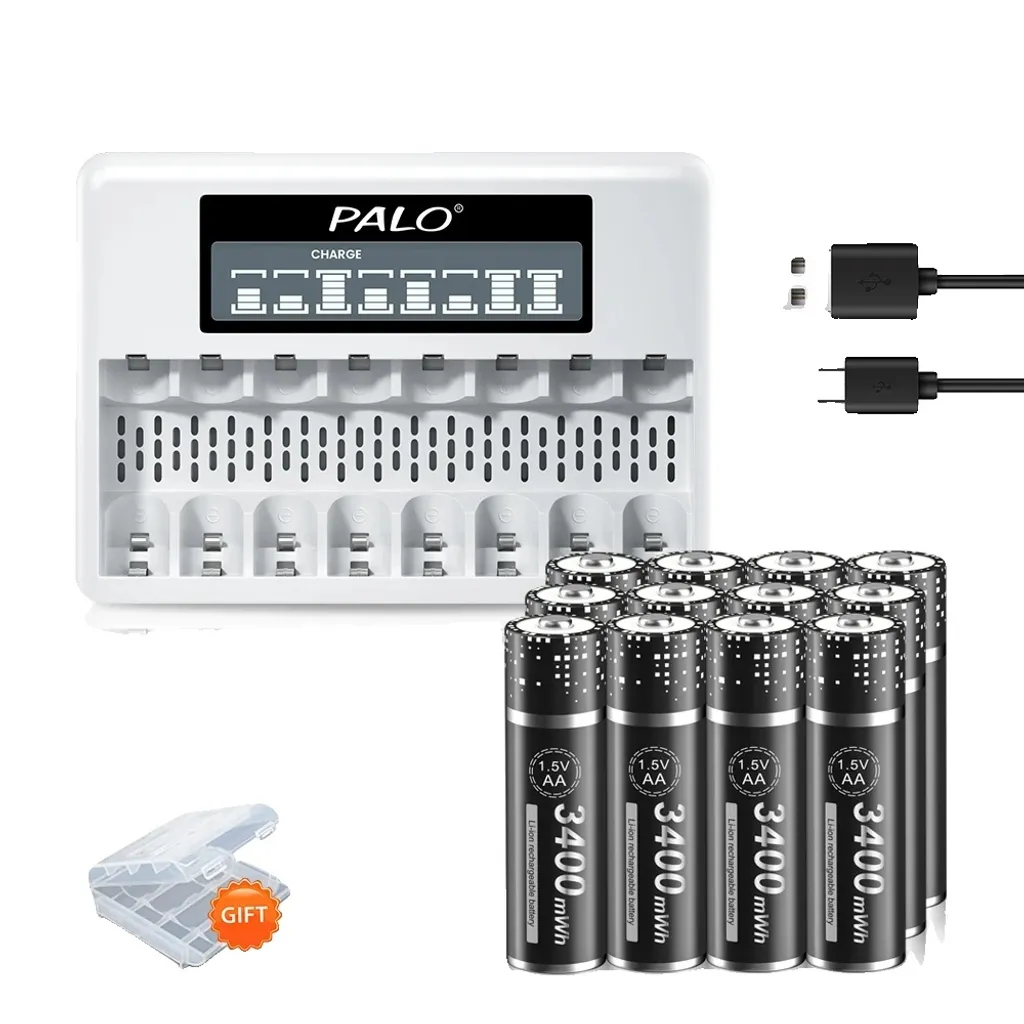 PALO 12 Piles AA Lithium 1,5V 3400mWh avec Chargeur Rapide Intelligent