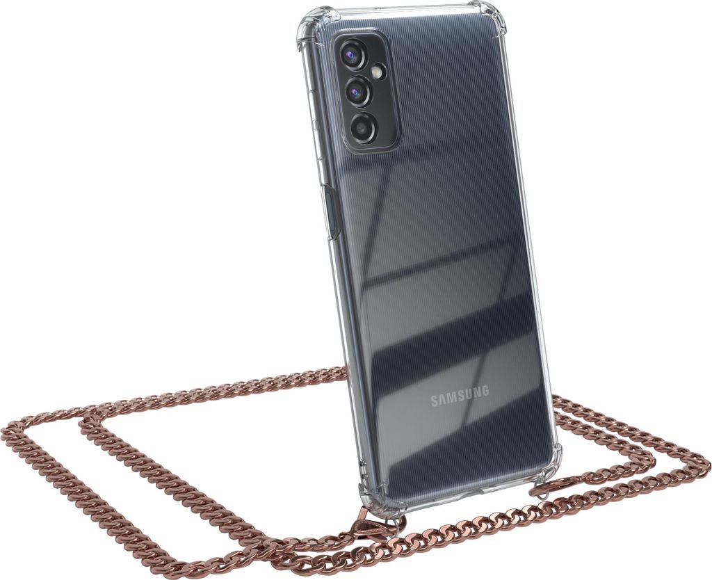 EAZY CASE Metall Handykette für Samsung Galaxy M52 5G, Handyhülle mit Umhängeband, Silikonhülle, Metallkette für Smartphone in Rosa