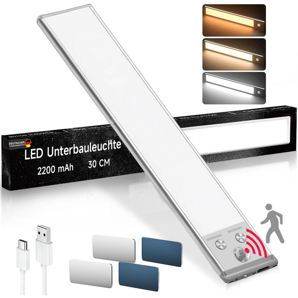LED Unterbauleuchte mit Bewegungsmelde,24cm&30cm,USB-C wiederaufladbar,schrankbeleuchtung,Ideal für Küche,Kleiderschrank,Schlafzimmer,Flur