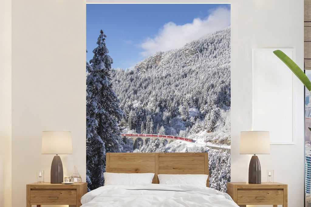 MuchoWow Fototapete für Wohnzimmer oder Schlafzimmer Wandtapete Vinyl Motivtapete Alpen - Bahnstrecke - Schnee - 200x300 cm - Wanddekorationen
