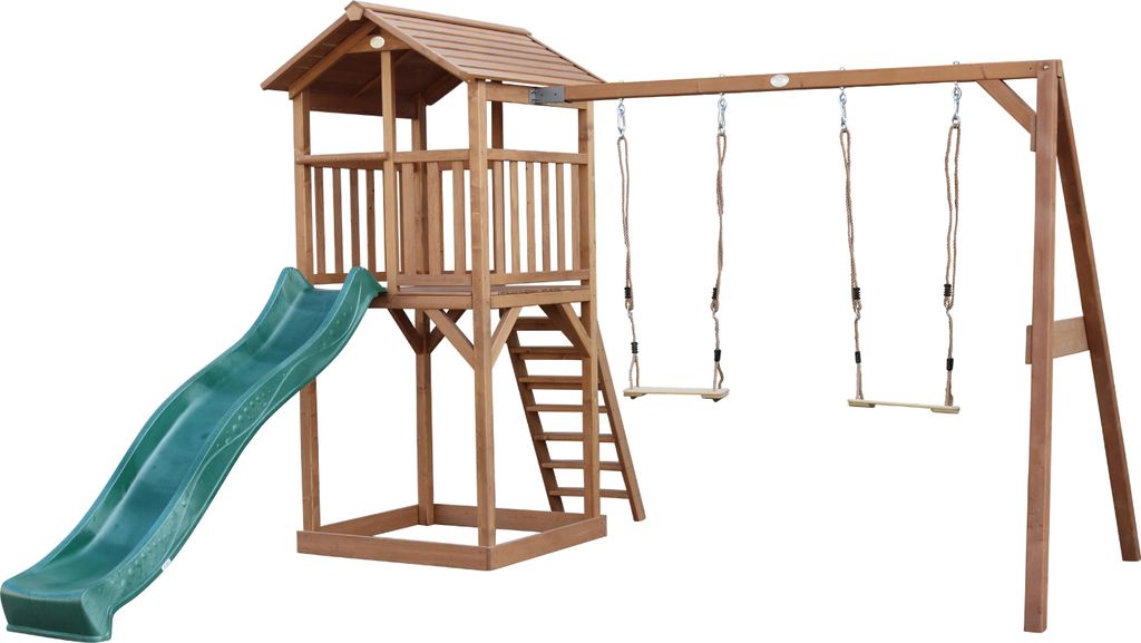 AXI Beach Tower Spielturm aus Holz in Braun | Spielhaus für Kinder mit grüner Rutsche, Doppelschaukel und Sandkasten | Stelzenhaus für den Garten