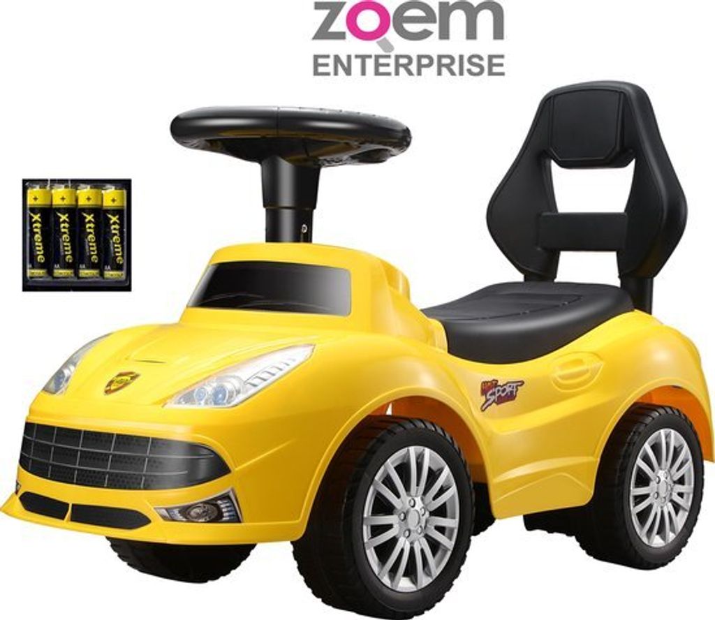 Buzz - Rutschauto - Inkl. Batterien - Gelb oder Ferrarirot - Beleuchtung - Hupe - Gelb - Musik - Lenkrad - Lauflernhilfe - Spielzeug - Geschenk
