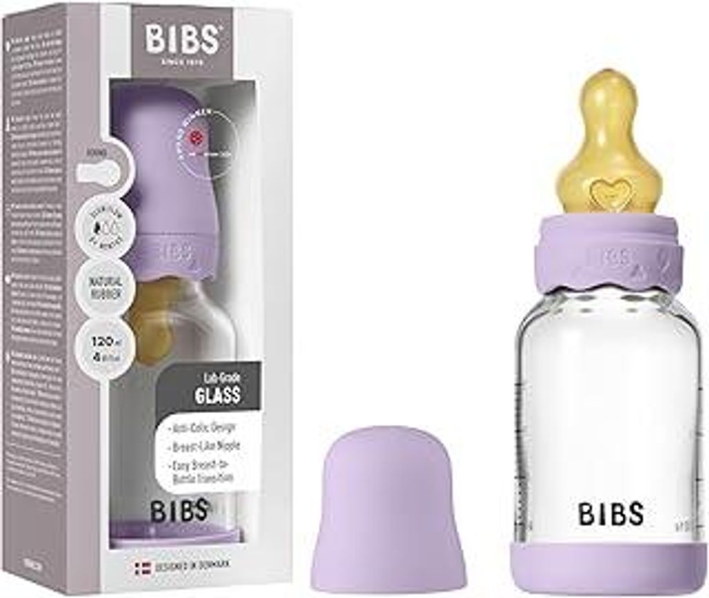 BIBS Boheme Baby Glass Bottle 120ml, Vermindert Koliken, Runder Sauger aus Naturkautschuklatex, Unterstützt das Stillen. Hergestellt in Dänemark ...