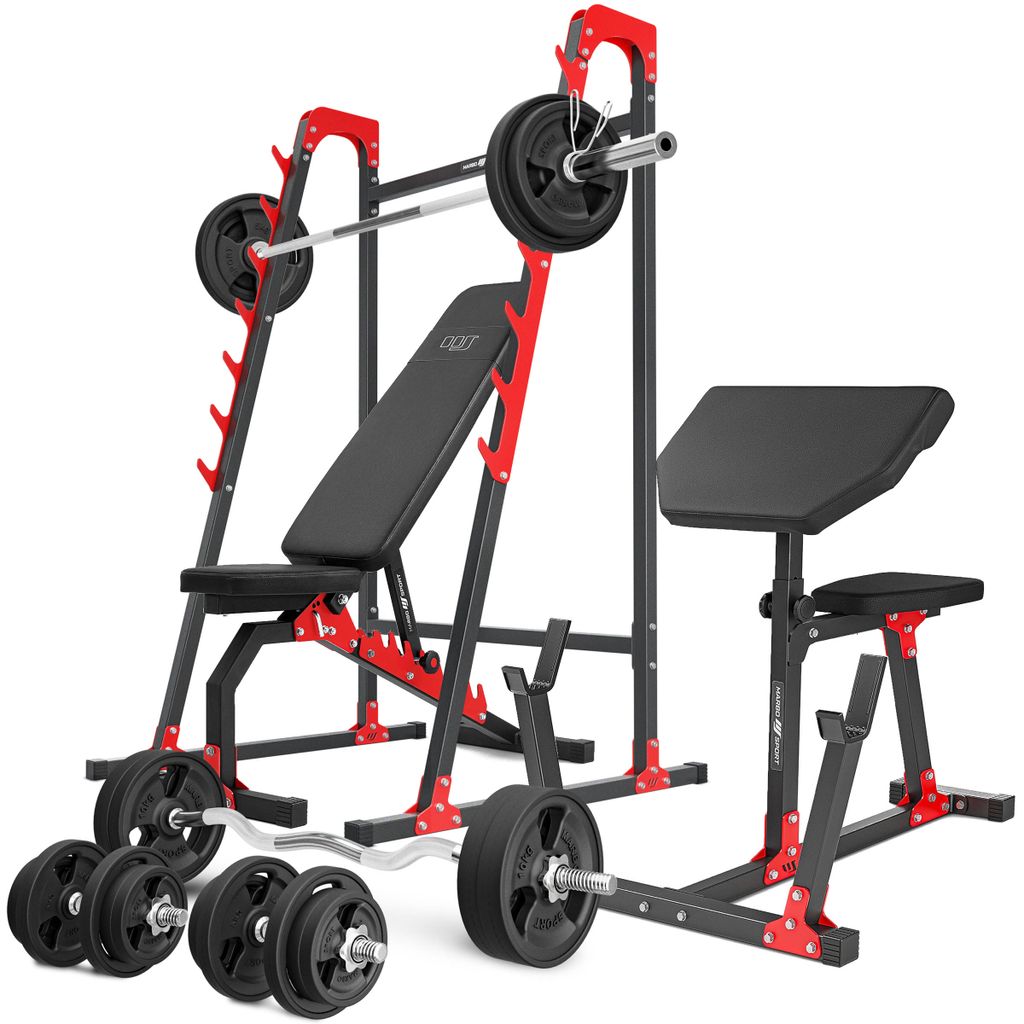 Marbo Sport Set MH10_166KG_KIER_G | Hantelbank MH-L114 + Langhantelständer MH-S204 + Scott-Bank MH-L105 + Hantelstangen/Hantelscheiben Set 113 kg