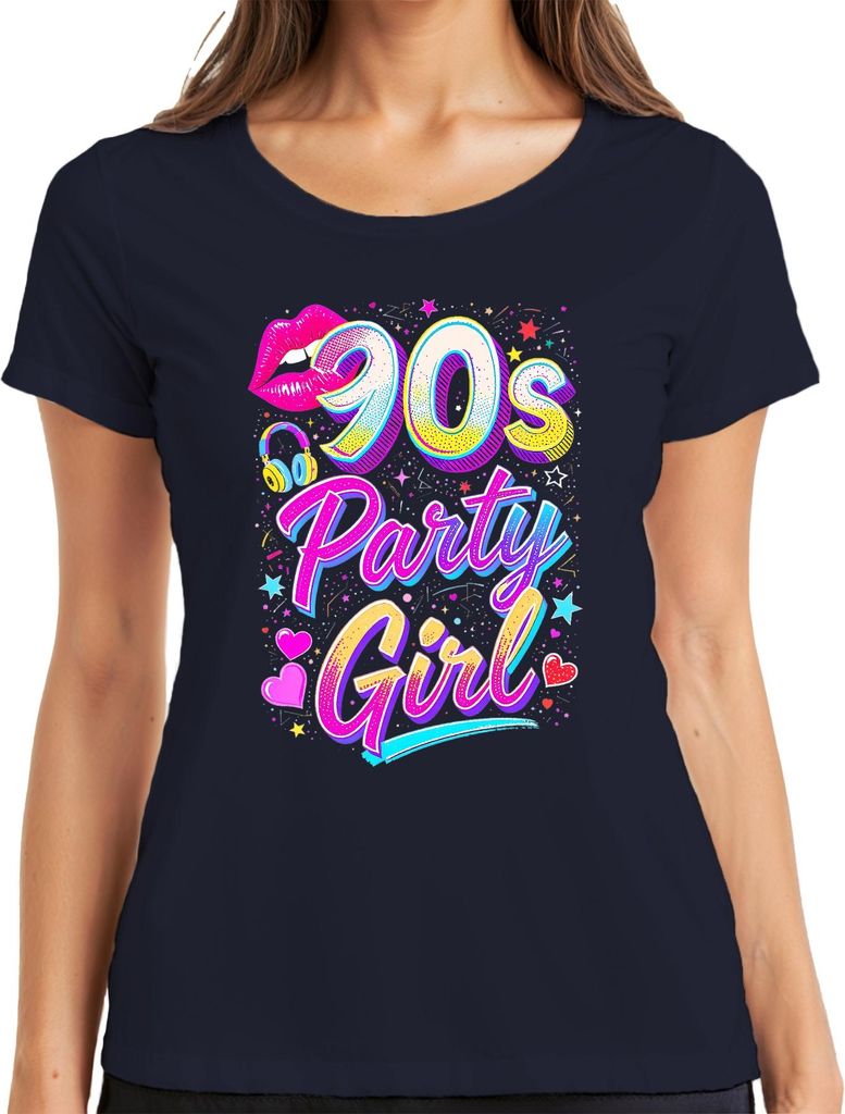 90s Party Girl Neon Lippen Kopfhörer Herzen Sterne Retro 90er Damen T-Shirt, Navy, S