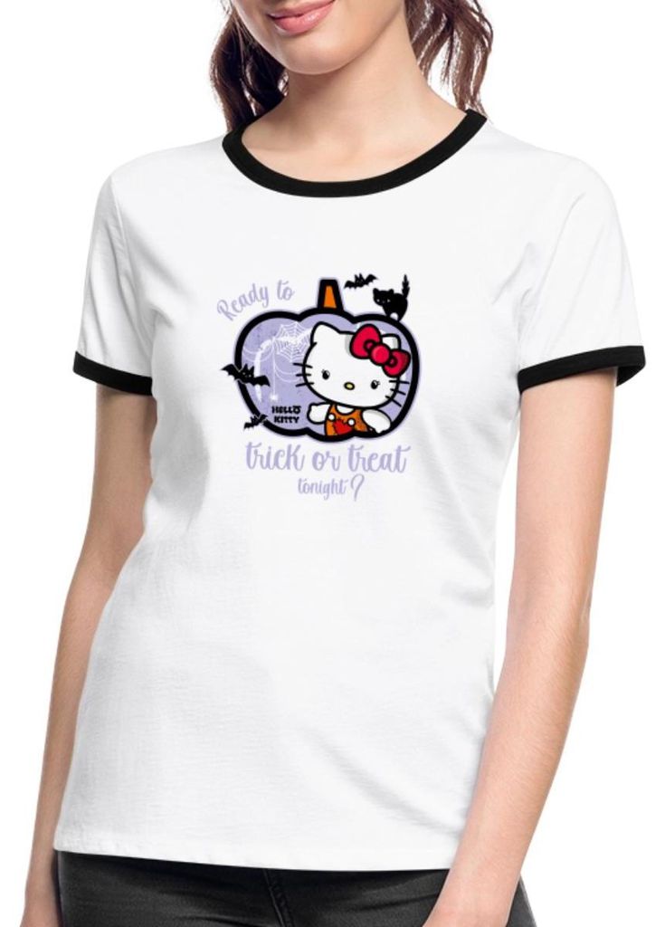 Spreadshirt Hello Kitty Halloween Süßes Oder Saures Frauen Kontrast T-Shirt, S, Weiß/Schwarz