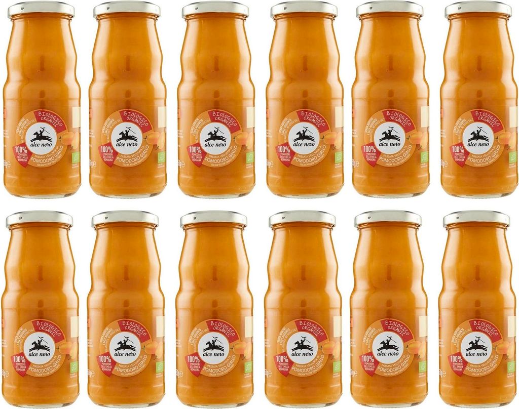 12x Alce Nero Passata Vellutata di Pomodoro Giallo Biologico Gelbes Tomatenpüree -Tomaten aus Italien 350g Glasflasche
