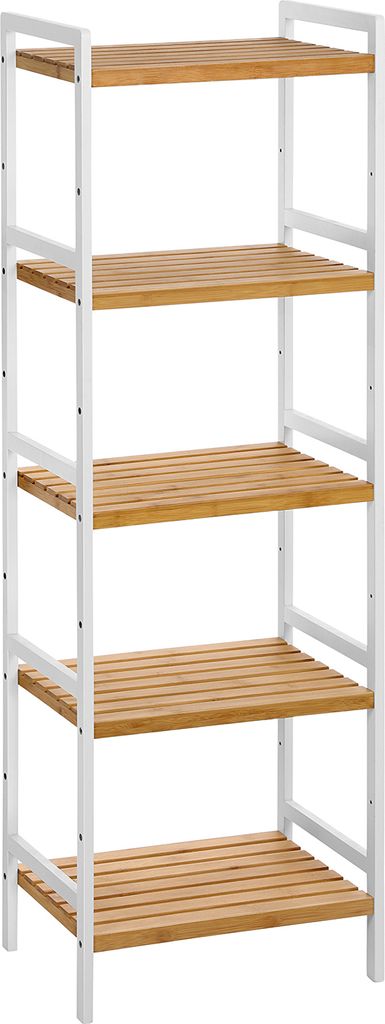 A tall, narrow shelving unit with five wooden slatted shelves and white metal frame, shown against a white background.