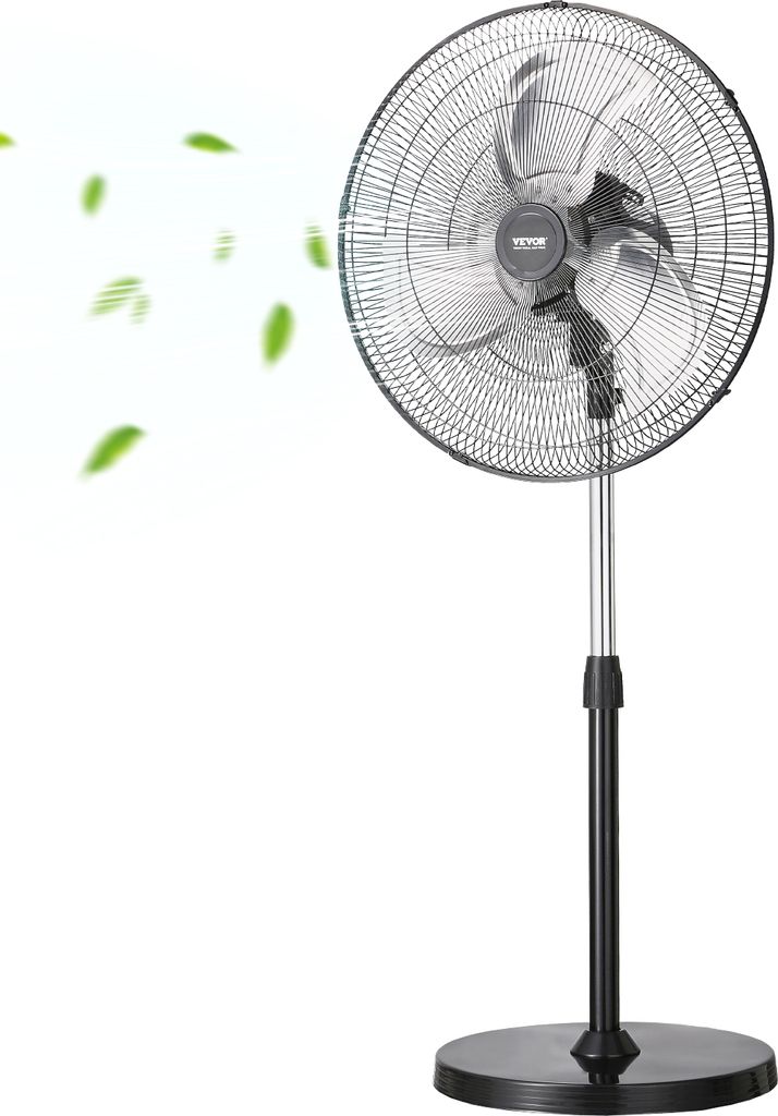 A black and silver industrial stand fan is shown against a white background, with green leaf graphics indicating airflow.