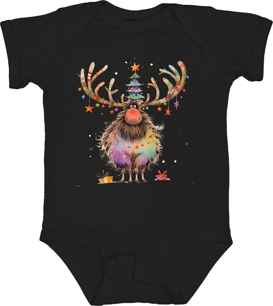 Lustiges Weihnachtsrentier Geweih Weihnachtsbaum Lichterkette Unisex Baby Body, Schwarz, 3/6