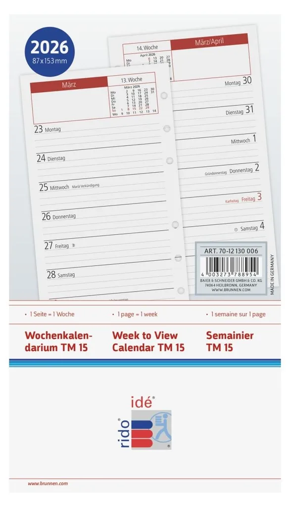 Recharge pour Planning TM151W/1S rido/idé 7012130006 en Papier Qualité
