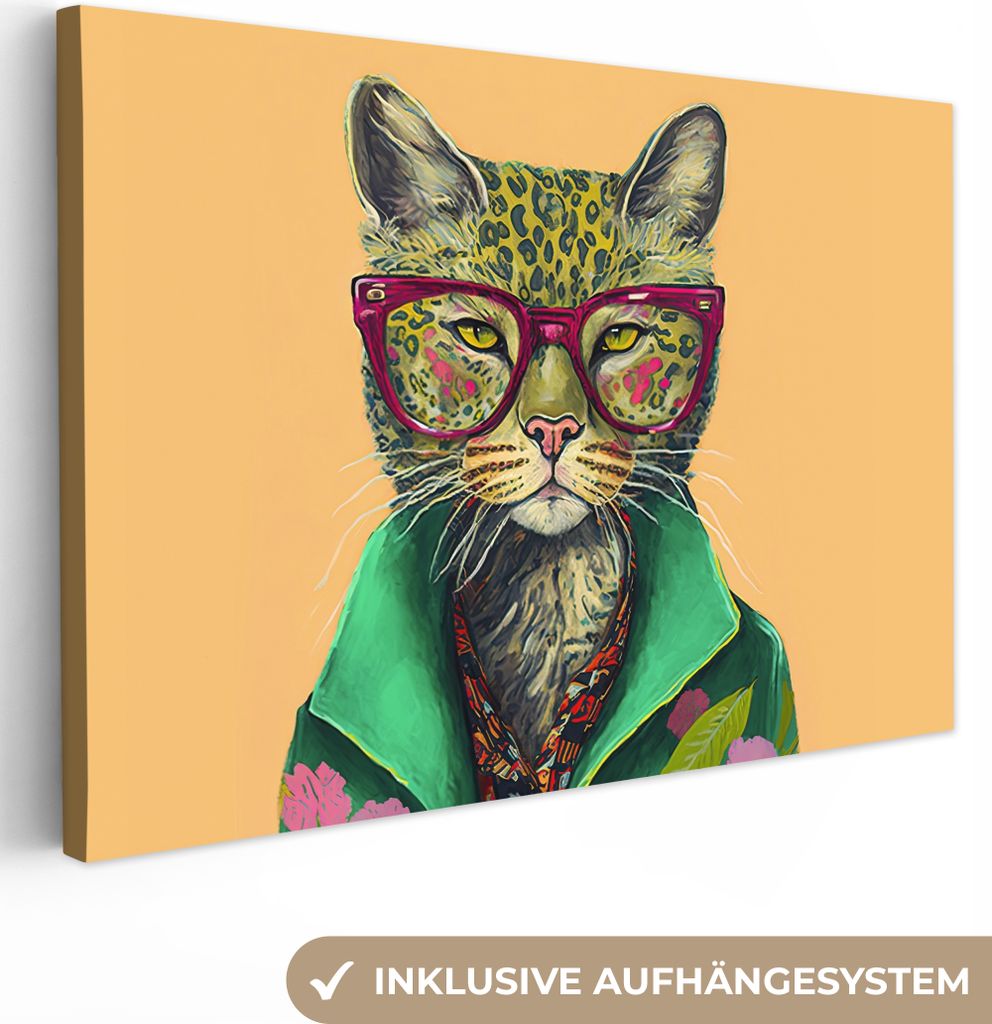 MuchoWow - Leinwandbilder - Tiere - Katze - Brille - Blumen - Hippie, Wandbild, Wanddeko Bilder Wohnzimmer, 90x60 cm