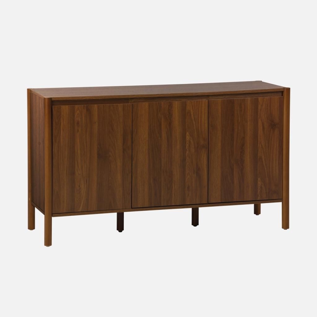 A wooden sideboard with three doors on a white background.