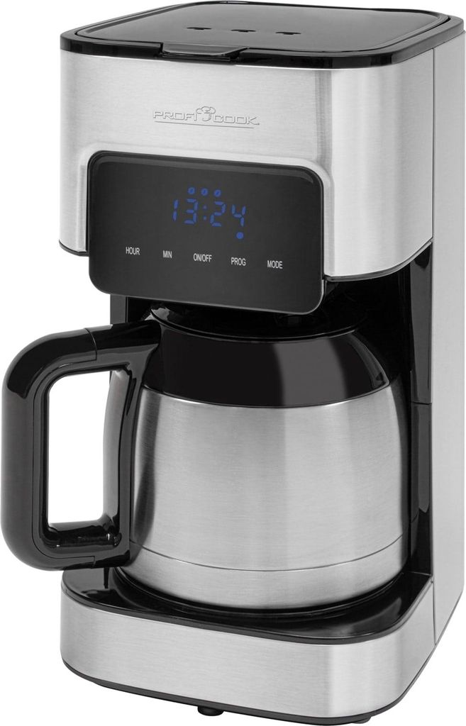 A silver and black coffee maker with a digital display.