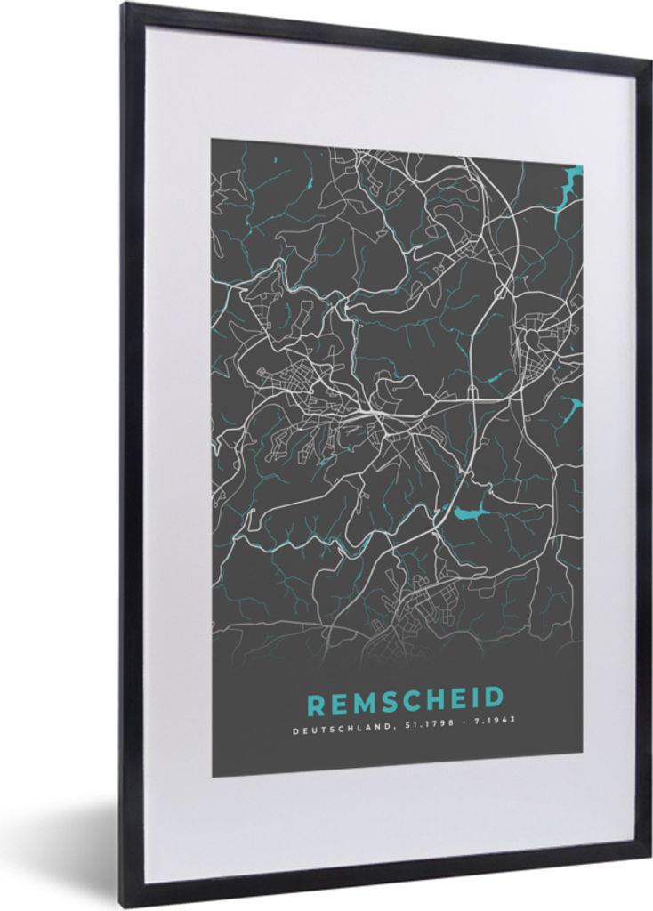 MuchoWow Gerahmtes Poster Karte - Stadtplan - Remscheid - Deutschland - Blau 40x60 cm - Poster mit Schwarzem Bilderrahmen Wandposter Rahmen Foto ...
